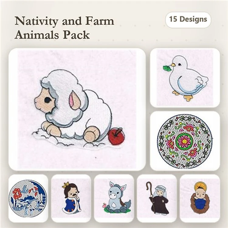 Nativity & Farm Animals Embroidery Designs Bundle – Lamb, Duck, Nativity Scene & More (15 Designs)