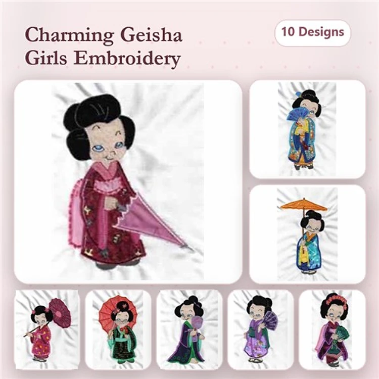Applique Geisha Girls Embroidery Bundle – Geisha Girl with Red Umbrella, Pink Fan, Blue Kimono & More (10 Designs)
