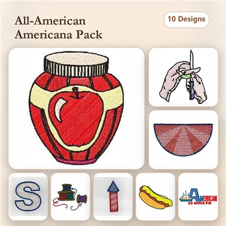 Americana Embroidery Bundle – Apple Jar, Hand with Scissors, Half Circle & More (10 Designs)