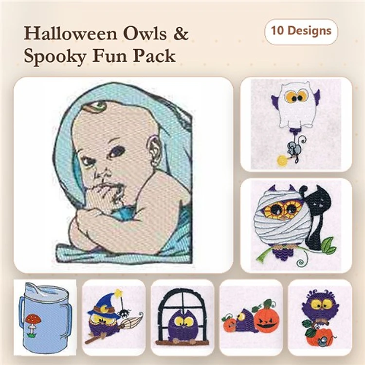 Halloween Owls Embroidery Designs Bundle – Baby with Owl, Witch's Hat, Mummy Owl & More (10 Designs)