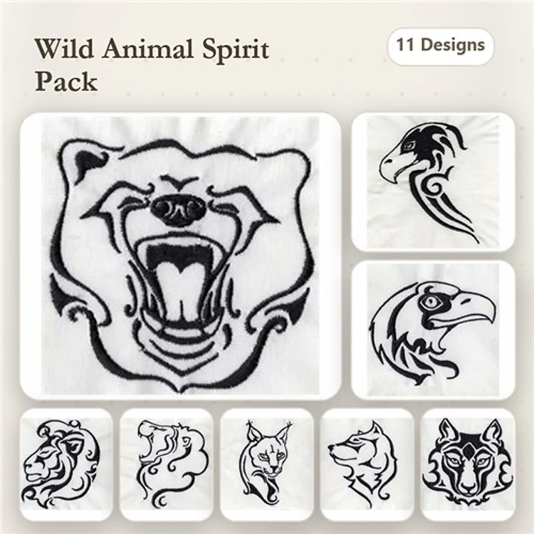 Wild Animal Spirit Embroidery Bundle – Bear Roar, Eagle Head, Lion Head & More (11 Designs)