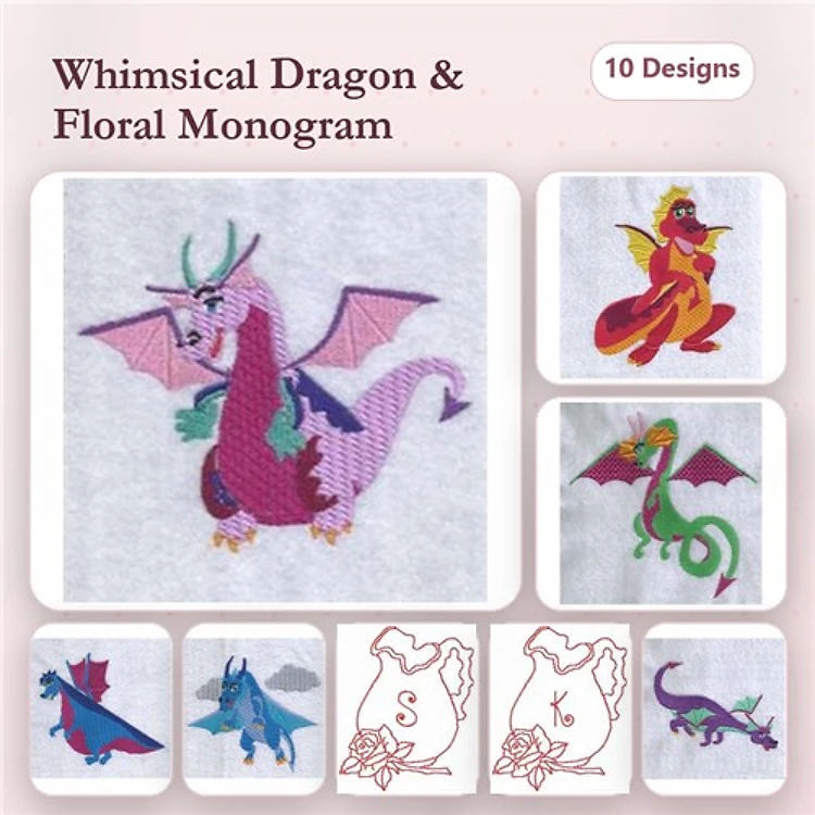 Floral Monogram & Dragon Embroidery Designs Bundle – Whimsical Dragon with Wings, Red Dragon, Floral Monogram S & More (10 Designs)