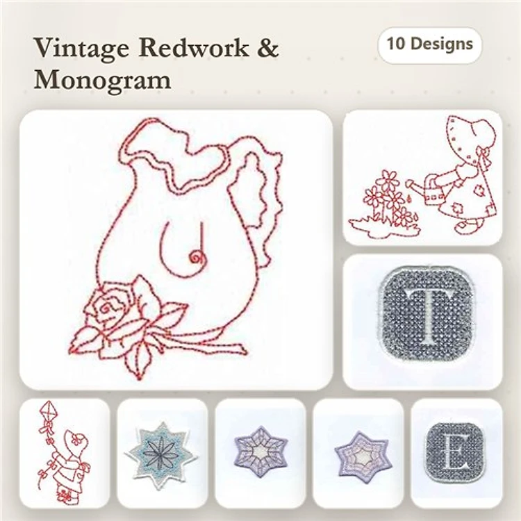 Redwork Vintage Redwork and Monogram Embroidery Designs Bundle – Vintage Pitcher with Rose, Little Girl with Flowers & More (10 Designs)