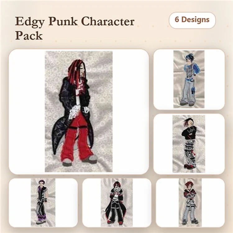 Applique Punk Characters Embroidery Designs Bundle – Red Hair, Blue Outfit, Mohawk & More (6 Designs)