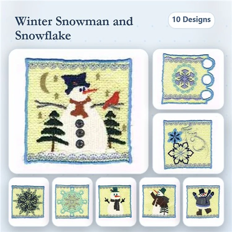Winter Snowman & Snowflake Embroidery Designs Bundle – Winter Scene, Snowman with Cardinal, Snowflake Ornament & More (10 Designs)