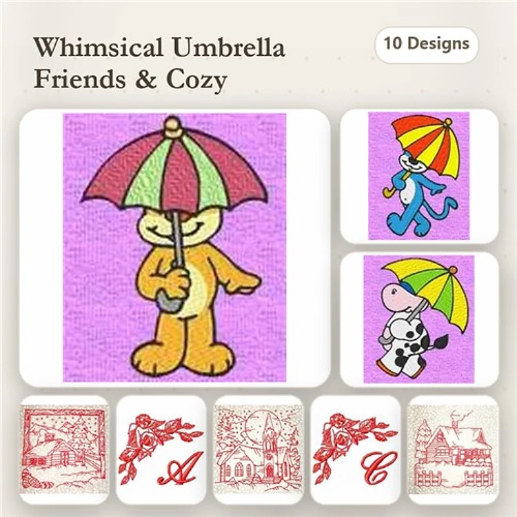 Redwork Umbrella-themed Characters Embroidery Designs Bundle – Cat with Umbrella, Bear with Umbrella, Cow with Umbrella & More (10 Designs)