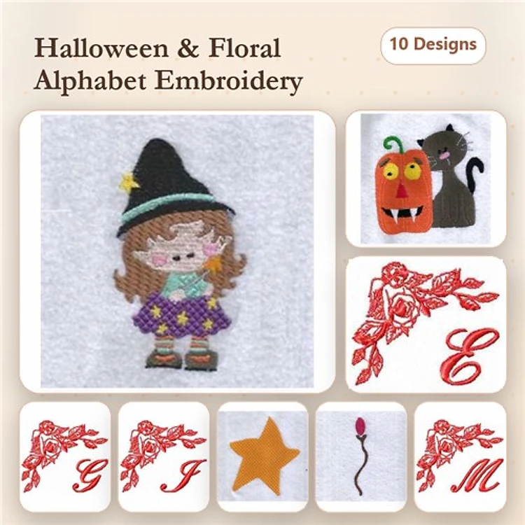 Halloween Floral Alphabet Embroidery Designs Bundle – Witch Girl, Black Cat, Pumpkin & More (10 Designs)