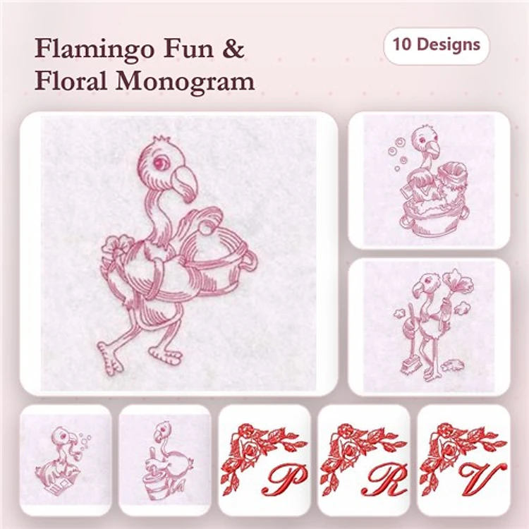 Working Flamingos Redwork