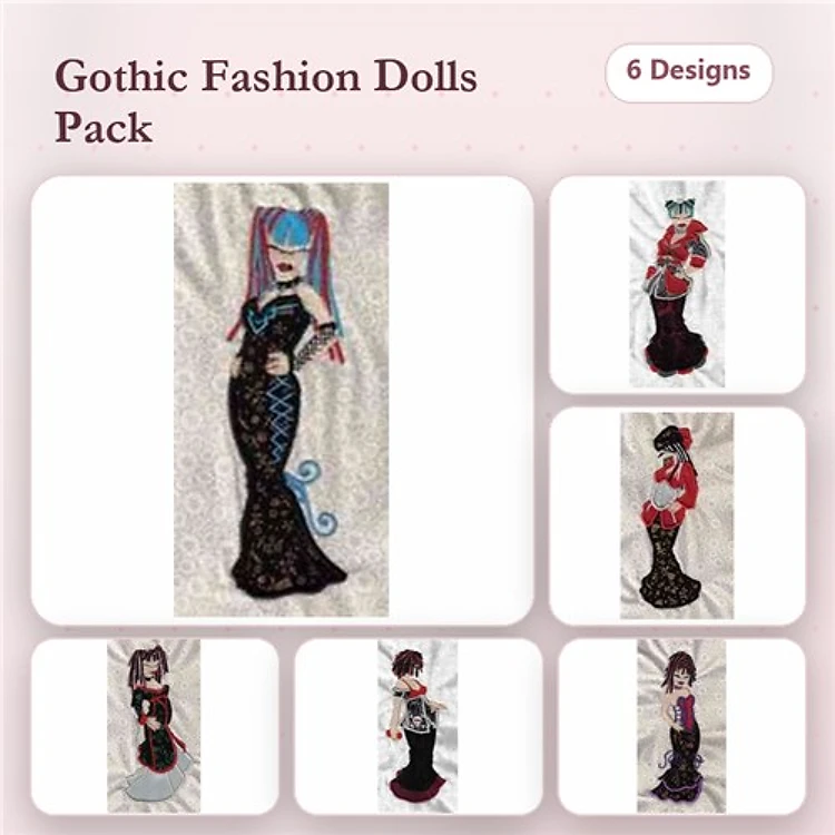 Applique Gothic Fashion Dolls Embroidery Bundle – Blue Hair, Red Dress, Long Black Hair & More (6 Designs)