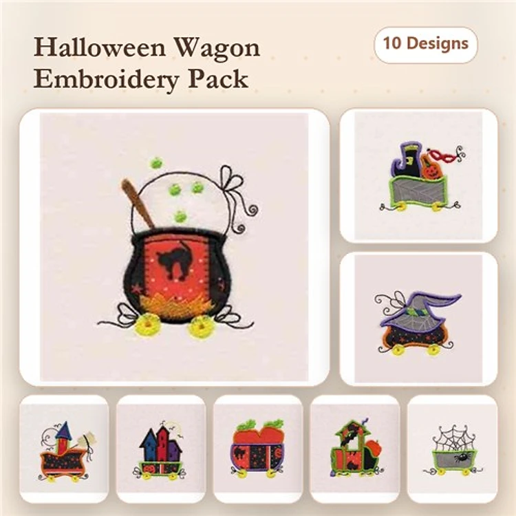Applique Halloween Wagon Embroidery Bundle – Witch's Brew Cauldron, Pumpkin Wagon, Haunted House Wagon & More (10 Designs)