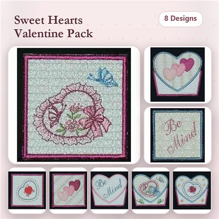 Hearts & Flowers Embroidery Designs Bundle – Heart with Flowers, Be Mine Heart, Heart with Ribbon & More (8 Designs)