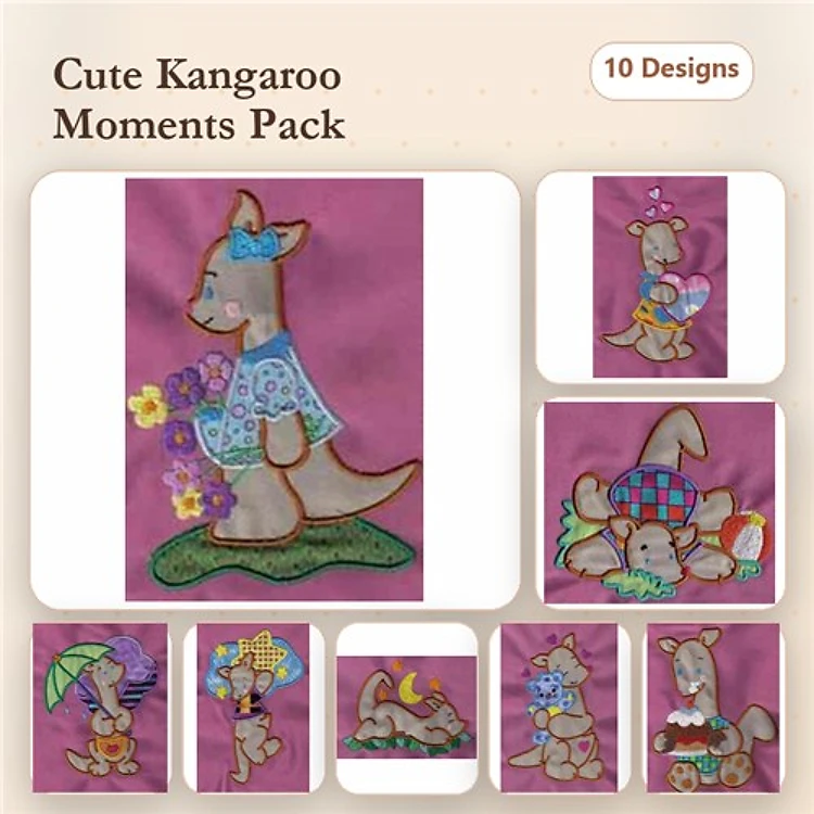 Applique Kangaroo Embroidery Bundle – Kangaroo with Flowers, Kangaroo Holding Heart, Kangaroo Sitting & More (10 Designs)