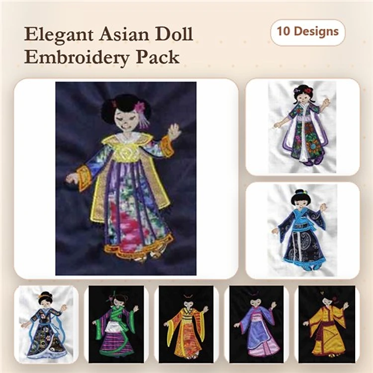 Applique Asian Doll Embroidery Bundle – Elegant Asian Doll with Multi-Colored Robe, Blue Robe, Green Robe & More (10 Designs)