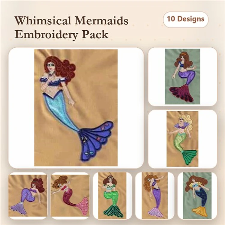 Applique Whimsical Mermaids Embroidery Designs Bundle – Mermaid with Red Hair, Purple Tail, Blue Tail & More (10 Designs)