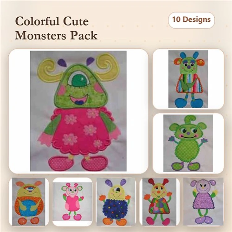 Applique Colorful Cute Monsters Embroidery Bundle – Green Monster with Swirly Hair, Blue Monster with Striped Shirt, Pink Monster with Dress & More (10 Designs)