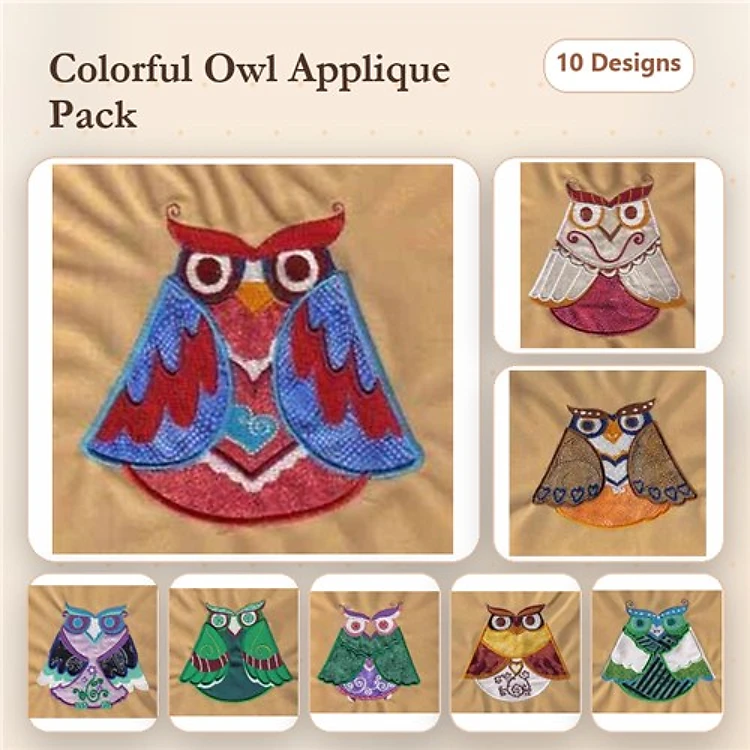 Applique Colorful Owls Embroidery Bundle – Red Wings, Brown Wings, Green Eyes & More (10 Designs)