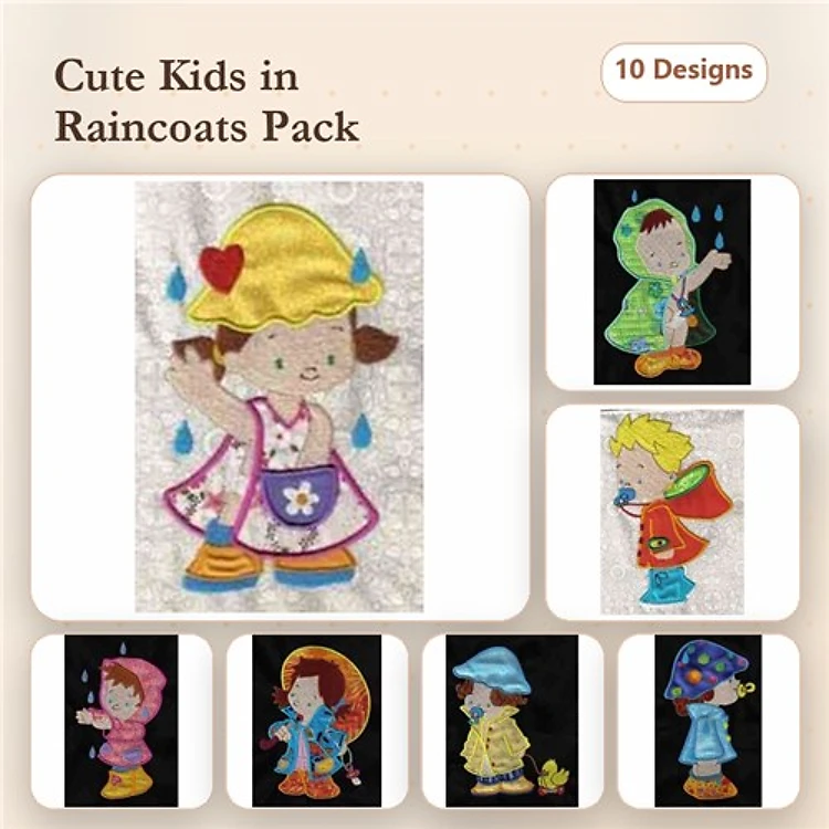 Applique Kids in Raincoats Embroidery Bundle – Girl with Yellow Raincoat, Boy with Green Raincoat, Boy Holding Umbrella & More (10 Designs)