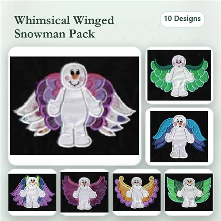 Applique Snowman Embroidery Bundle – Snowman with Purple Wings, Green Wings, Blue Wings & More (10 Designs)