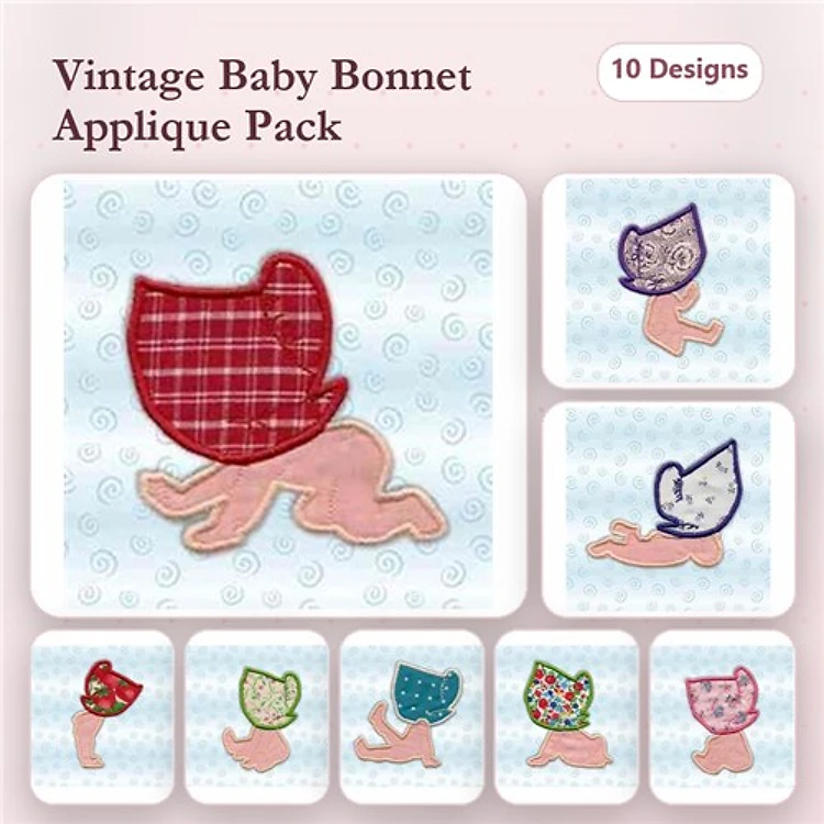 Applique Vintage Baby Bonnet Embroidery Designs Bundle – Red Plaid, Blue Polka Dot, Green Floral & More (10 Designs)