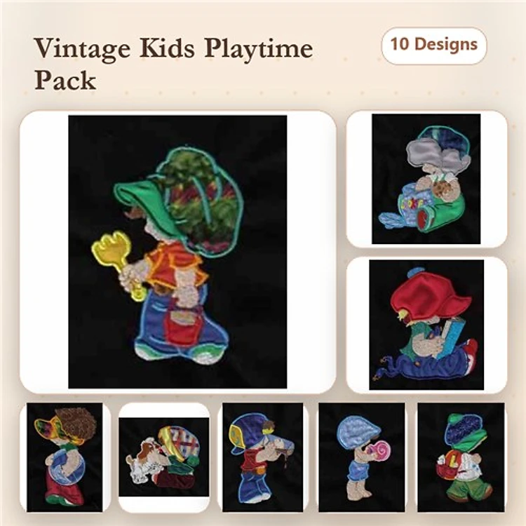 Applique Vintage Children Playing Embroidery Bundle – Child with Heart Balloon, Toy Truck, Lollipop & More (10 Designs)