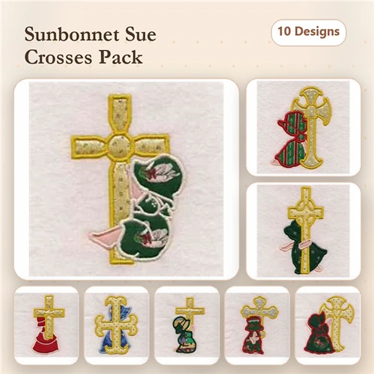 Applique Sunbonnet Sue with Crosses Embroidery Bundle – Sunbonnet Sue with Red Dress, Cross with Floral Design & More (10 Designs)
