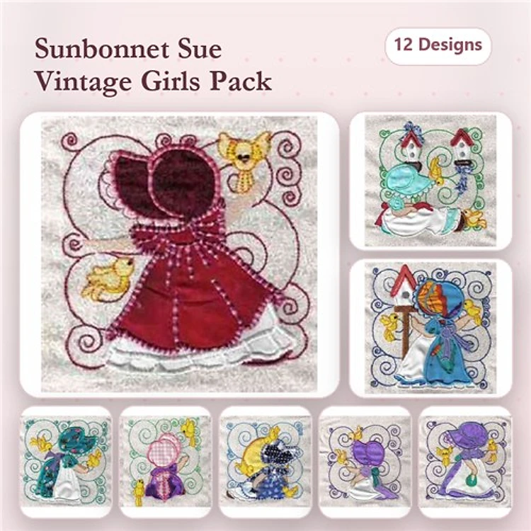 Applique Sunbonnet Sue Embroidery Designs Bundle – Sue with Teddy Bear, Pitchfork, Flower Basket & More (12 Designs)