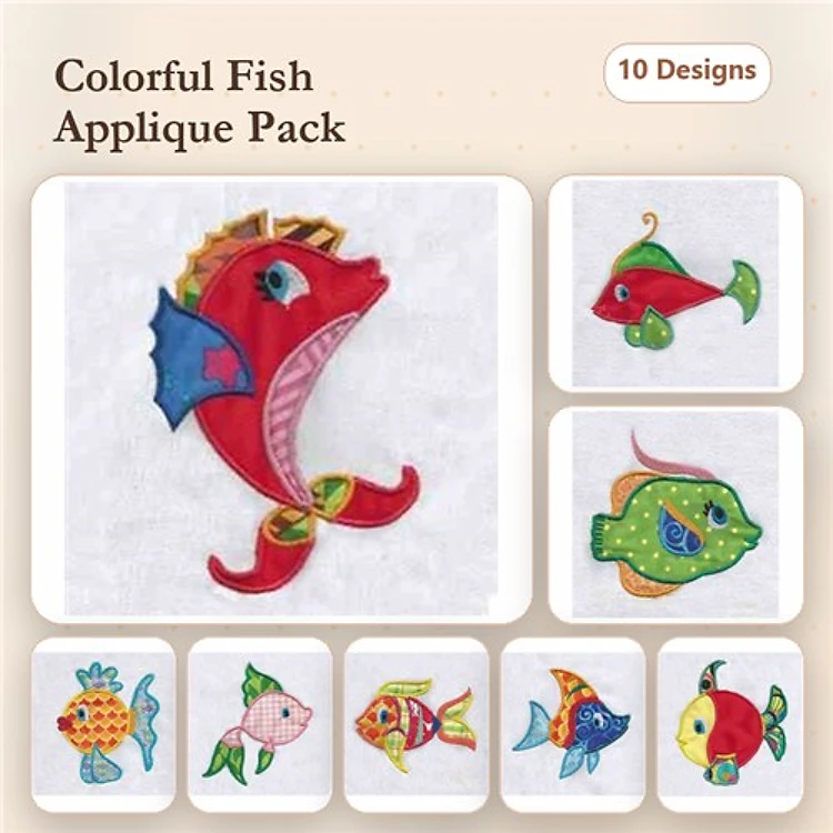 Applique Colorful Fish Embroidery Bundle – Red Fish with Crown, Green Fish with Spotted Body, Blue Fish with Yellow Fins & More (10 Designs)