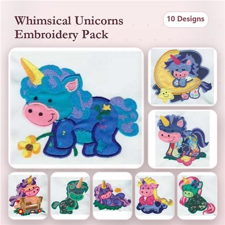 Applique Whimsical Unicorns Embroidery Bundle – Unicorn with Flower, Sleeping Unicorn, Rainbow Unicorn & More (10 Designs)
