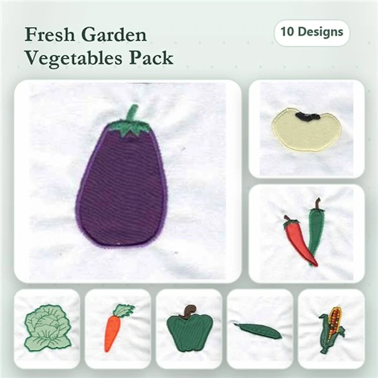Applique Fresh Garden Vegetables Embroidery Bundle – Eggplant, Green Pepper, Carrot & More (10 Designs)