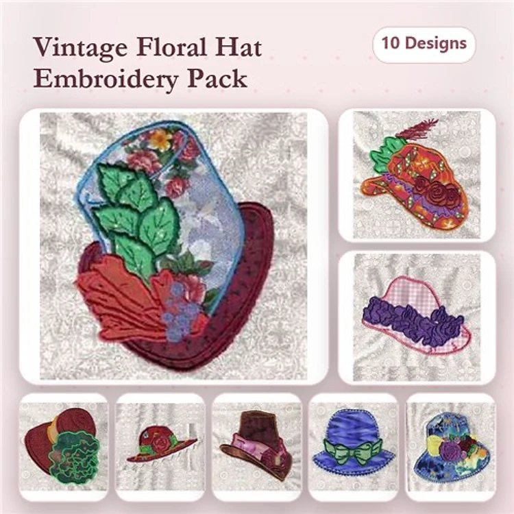 Applique Floral Hats Embroidery Designs Bundle – Top Hat with Flowers, Straw Hat with Roses, Wide Brim Hat & More (10 Designs)