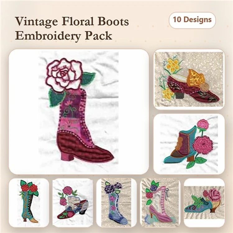 Applique Vintage Floral Boots Embroidery Designs Bundle – Rose Floral Boot, Yellow Floral Boot, Blue Floral Boot & More (10 Designs)