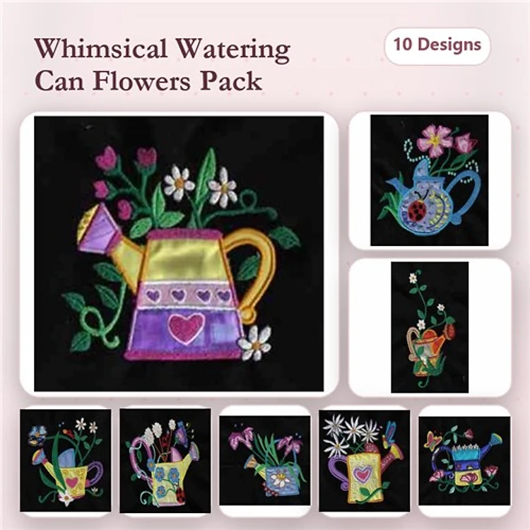 Applique Watering Can Embroidery Designs Bundle – Watering Can with Flowers, Colorful Watering Can, & More (10 Designs)