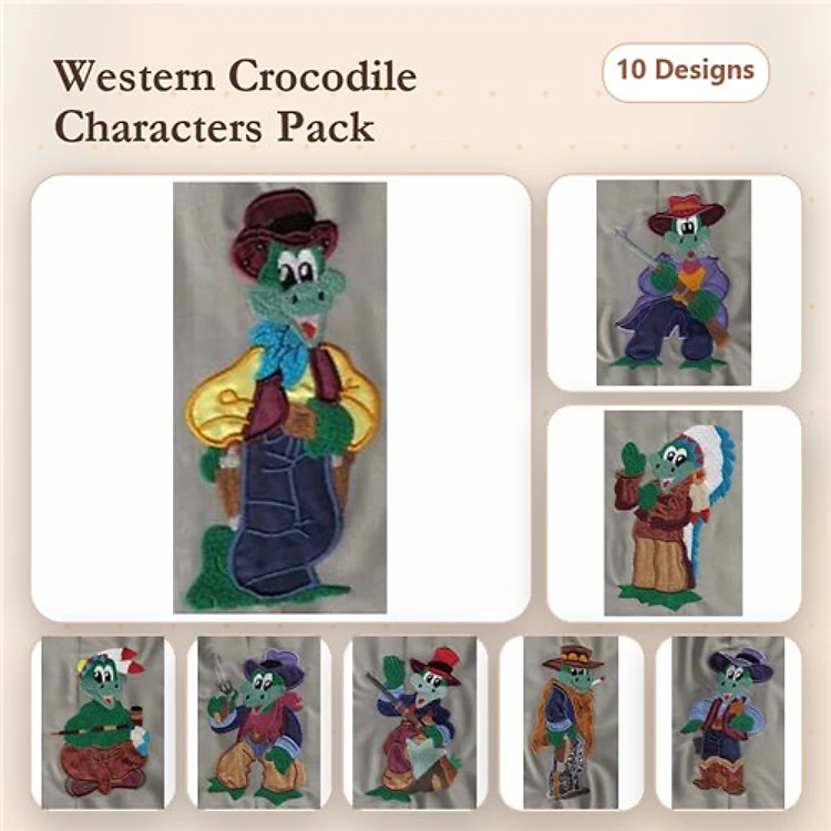 Applique Western Crocodile Embroidery Bundle – Crocodile Cowboy, Crocodile Dancer, Crocodile with Bandana & More (10 Designs)