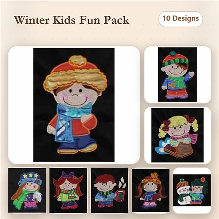 Applique Winter-Themed Kids Embroidery Bundle – Boy with Scarf, Girl with Pigtails, Boy with Hat & More (10 Designs)