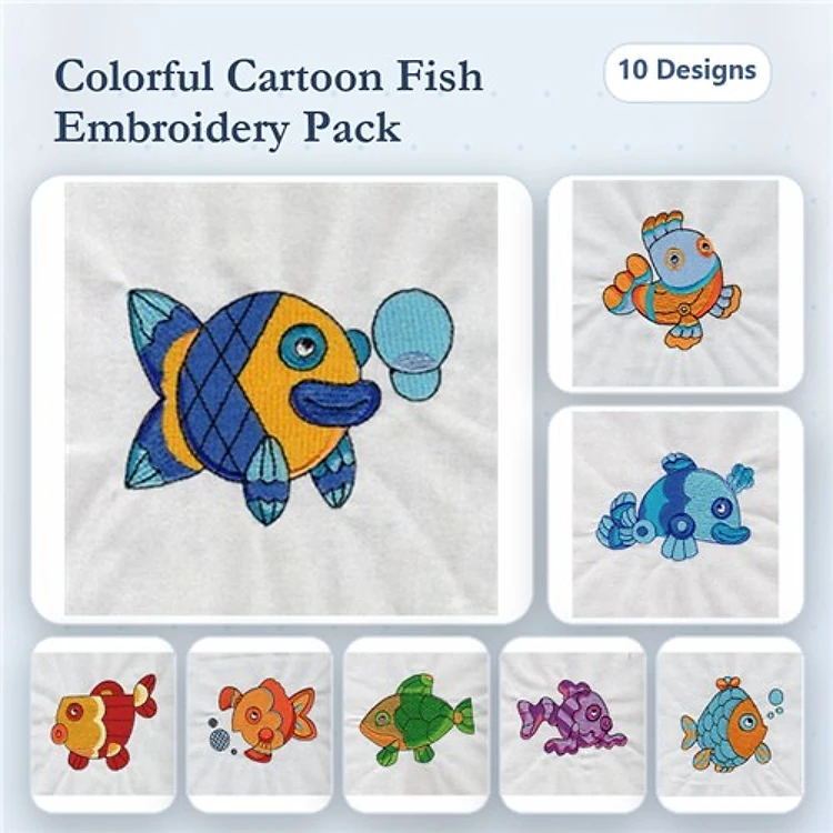 Colorful Fish Embroidery Designs Bundle – Blue Stripes, Happy Orange Fish, Purple Fish & More (10 Designs)
