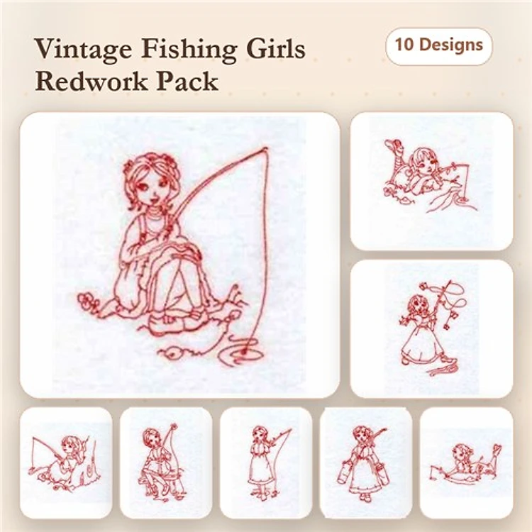 Redwork Vintage Fishing Girls Embroidery Designs Bundle – Fishing Girl with Rod, Girl with Fish, Sitting Fishing Girl & More (10 Designs)