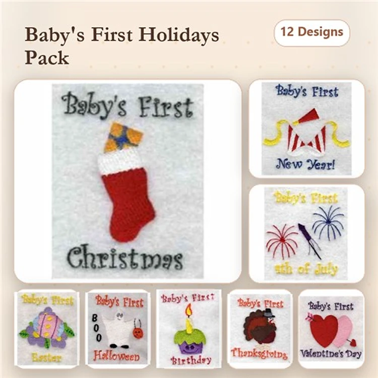 Baby's First Holidays Embroidery Bundle – Christmas Stocking, New Year's Celebration, Halloween & More (12 Designs)