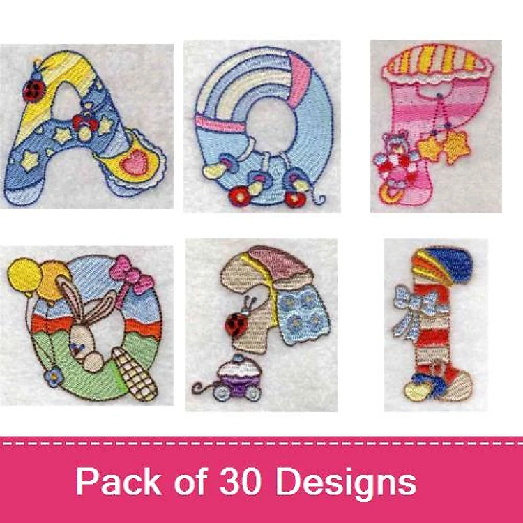 Decorative Alphabet Letters Embroidery Designs Bundle – A with Stars and Balloons, B with Candy, C with Bunny & More (30 Designs)