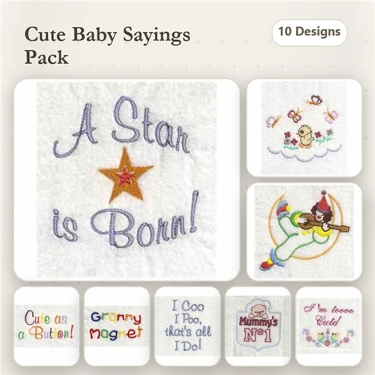 Cute Baby Sayings Embroidery Designs Bundle – A Star is Born!, Cute as a Button, Granny's Magnet & More (10 Designs)