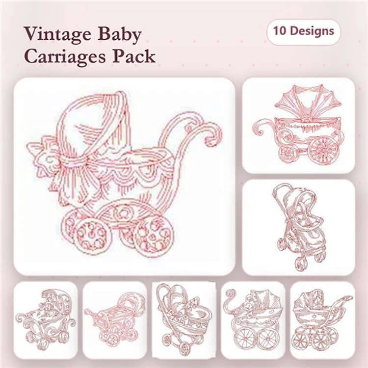 Redwork Vintage Baby Carriage Embroidery Designs Bundle – Charming Carriage, Elegant Carriage, Nostalgic Carriage & More (10 Designs)