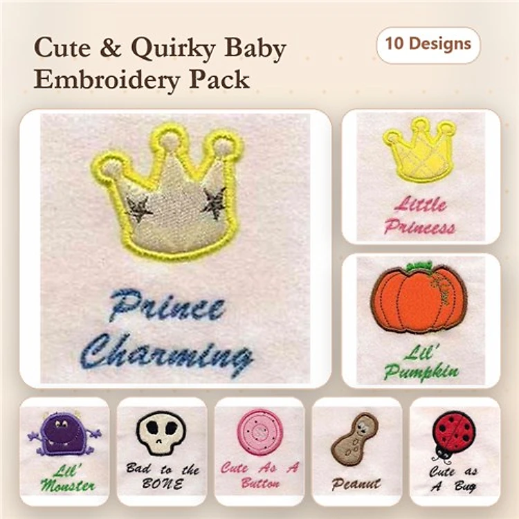 Applique Cute Baby Themes Embroidery Designs Bundle – Prince Charming, Little Princess, Lil' Monster & More (10 Designs)