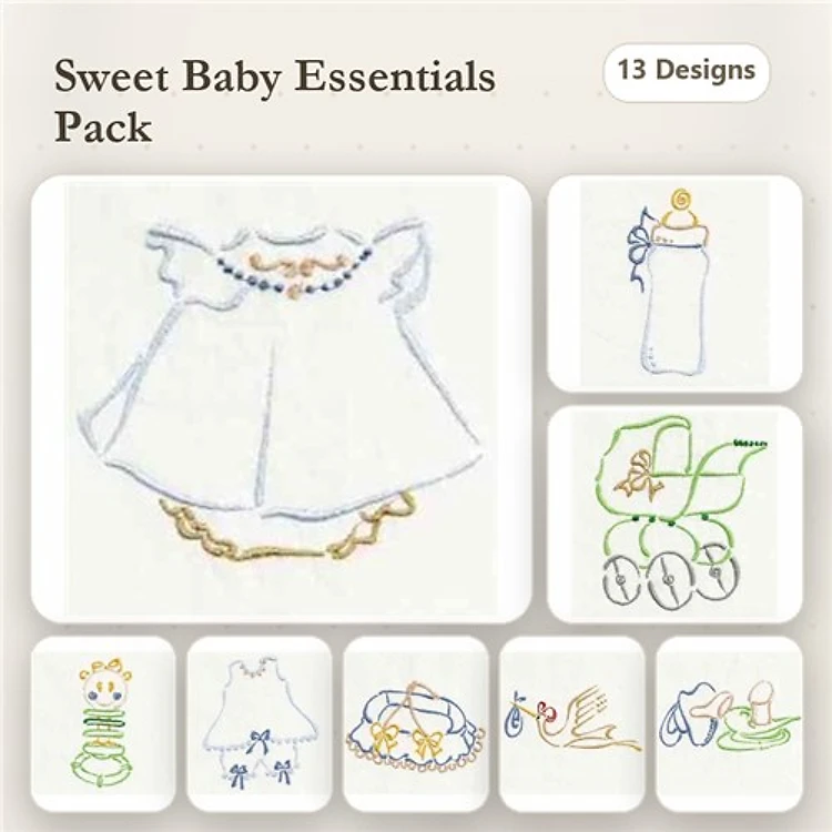 Redwork Baby Essentials Embroidery Designs Bundle – Baby Dress, Bottle, Carriage & More (13 Designs)