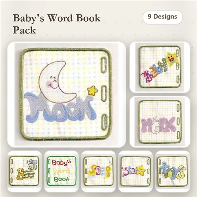 Baby-Themed Word Book Embroidery Designs Bundle – Moon, Sun, Star, Duck & More (9 Designs)