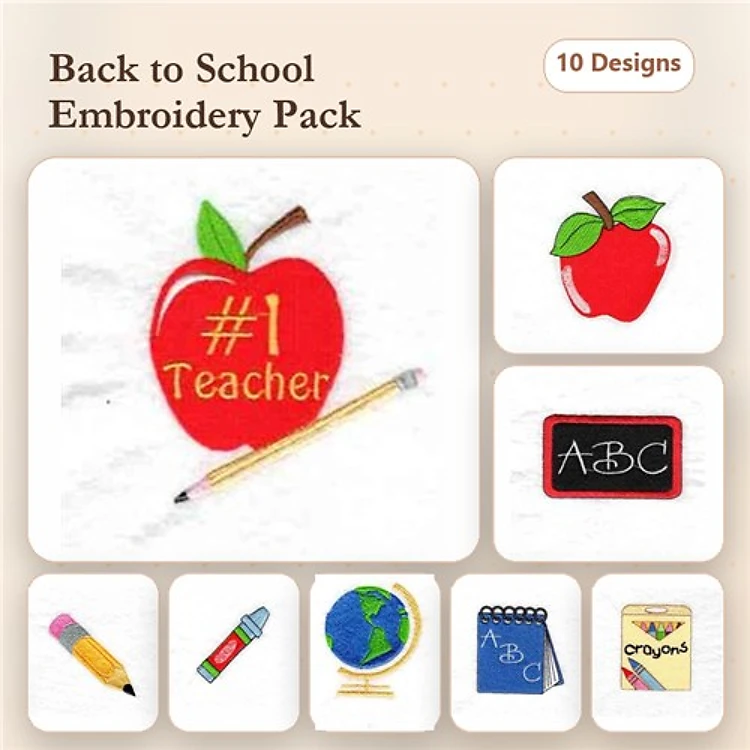 Back to School Embroidery Designs Bundle – #1 Teacher Apple, Pencil, Globe & More (10 Designs)