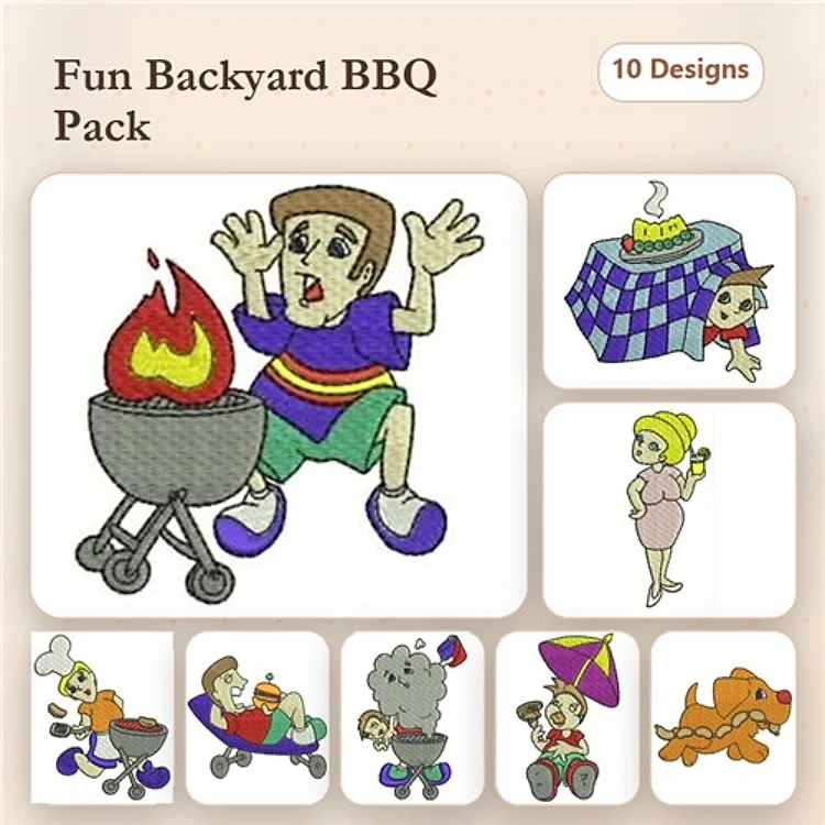 Backyard BBQ Embroidery Designs Bundle – Boy with Grill, Woman with Cake, Man with Hot Dog & More (10 Designs)