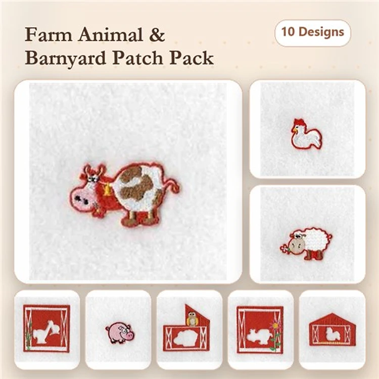Farm Animal Embroidery Bundle – Cow, Chicken, Sheep, Pig & More (10 Designs)