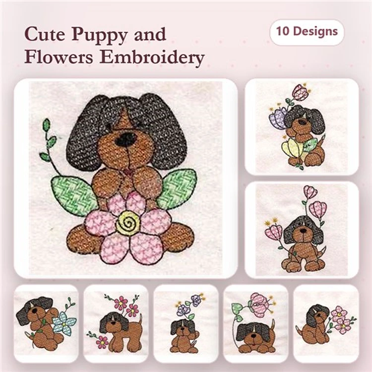 Dog Embroidery Bundle – Flower & Puppy Designs (10 Designs)
