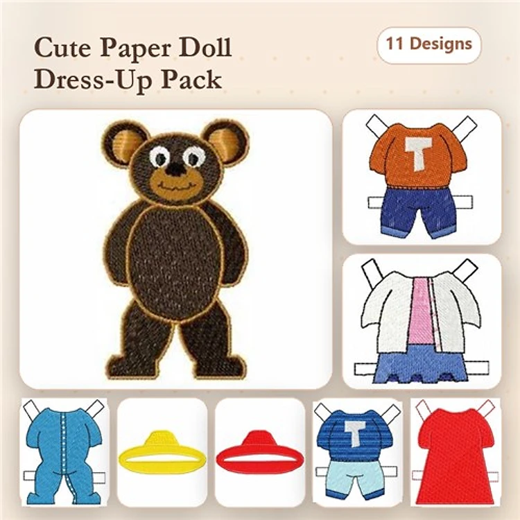 ITH Dress-Up Bear Embroidery Designs Bundle – Brown Bear, Orange Shirt, Blue Pants & More (11 Designs)