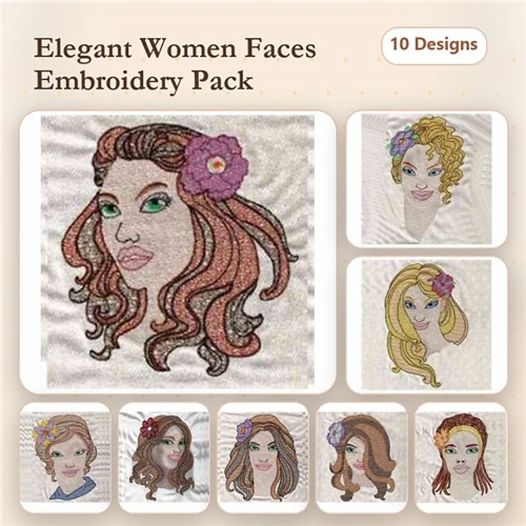 Elegant Women Faces Embroidery Designs Bundle – Red-haired Woman with Flower, Blonde Woman with Hairpin, Brunette Woman with Flower & More (10 Designs)