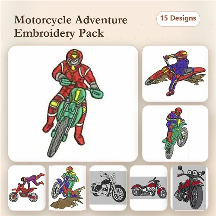 Motorcycle Adventures Embroidery Designs Bundle – Motorcycle Rider in Red, Biker on Green Motorcycle, & More (15 Designs)